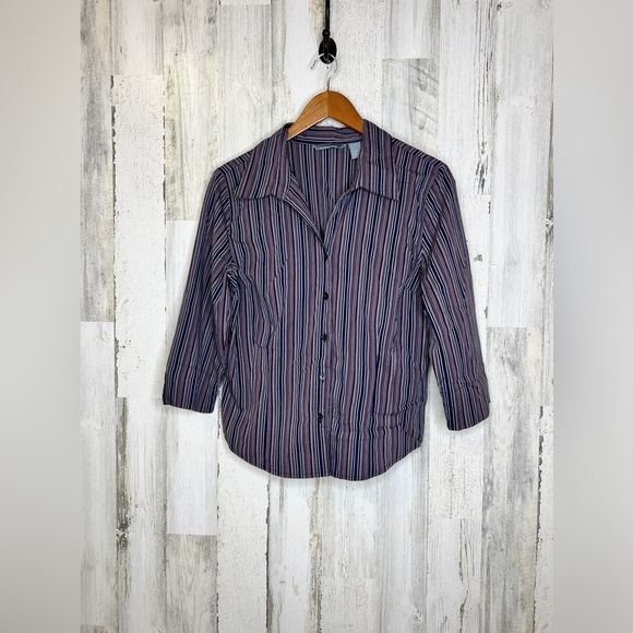 Hillard & Hanson Women's Striped Button Front Top Grey Red Size Large - Picture 1 of 11